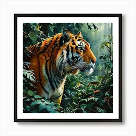 Eyes Of The Jungle Wall Art – A Tiger S Gaze Amidst Rainforest Mystiq Art Print