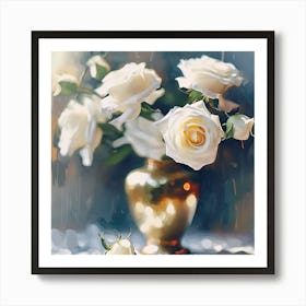 White Roses in Gold Vase Art Print