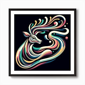 "Spirit of the Stag" is a modern digital artwork that embodies the fluidity and grace of the majestic stag through a cascade of swirling colors. The piece's abstract nature, with its flowing lines and curves, conveys a sense of movement and ethereal beauty. Set against a stark black backdrop, the vivid array of colors pop, giving the composition a lively, dynamic quality. This artwork is perfect for those who seek to marry the elegance of animal form with the free-spirited essence of contemporary art. "Spirit of the Stag" would be a captivating addition to any collection, appealing to admirers of wildlife and modern design aesthetics alike. Art Print