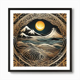 Mountain, Waves & Sun Art Print