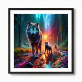 Mystical Forest Wolves Seeking Mushrooms and Crystals 3 Art Print