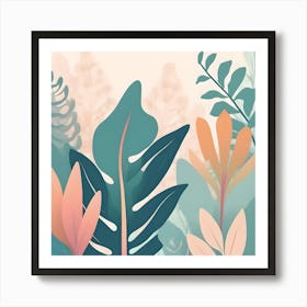 Silhouette of Botanical Illustration, Peach, Turquoise and Peach Art Print