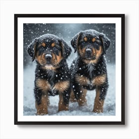 Two Puppies In The Snow Art Print