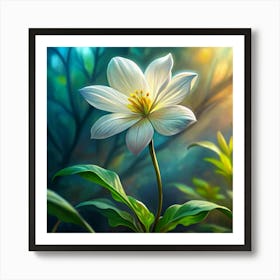 White Flower With Yellow Center In Forest Art Print