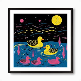 Duckling Under The Stars Linocut Style 4 Art Print