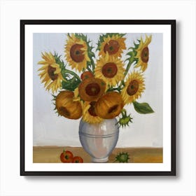 Oil Painting Of Sunflowers In Decorative Ceramic 3 Poster