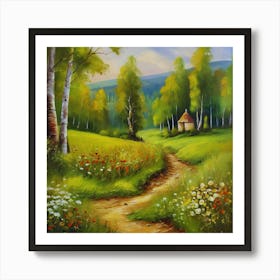 Painting.Canada's forests. Dirt path. Spring flowers. Forest trees. Artwork. Oil on canvas.3 Art Print