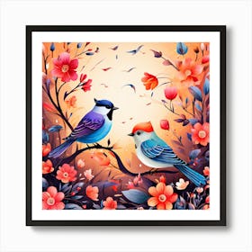 Birds In The Garden, A Bright-Toned Design With Flowers And Leaves Trees And Birds A Beautiful And Simple Picture 1 Art Print