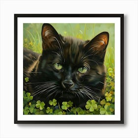 Black Cat With Shamrocks Art Print