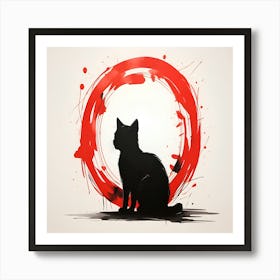 Minimalist Modern Abstract Black Cat Silhouette and Red Circle Art Print