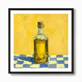 Olive Oil In A Bottle Yellow Checkerboard 1 Art Print