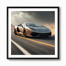 A Silver Lamborghini With Clouds And Mountain Art Print