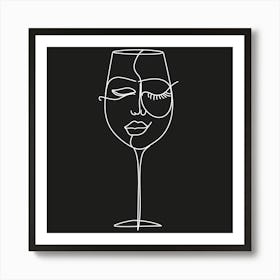 White One Line Art Drawing Of Abstract Wine Glass On Black Background Art Print