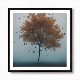 The Wind Blows Hardly, An Expansive View Of Many Leaves Fly,Sad,Fog,Sorrow, There Is Blank Place,Blu Art Print