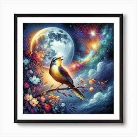 Bird Singing In The Night Sky Art Print