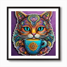 Cat With A Cup Of Coffee Whimsical Psychedelic Bohemian Enlightenment Print 2 Art Print