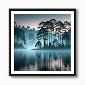 Misty Morning Lake Wall Art: A Peaceful Scene with Pine Trees and Calm Waters for Nature-Inspired Home Decor Print Art Art Print