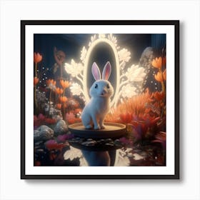 Funny Little White Cartoon Rabbit With Decorated Mirrow And Flowers 1 Art Print