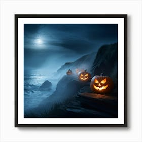 Ghostly Jack O Lanterns Glowing Eerily Beside A Winding Coastal Path Mist Hovering Over The Ocean (3) Art Print