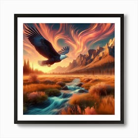 3 Dimensional Eagle Flying Over A Field Creek Sunset Clouds Swirling 2 Art Print