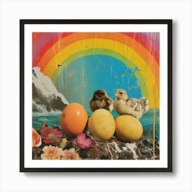 Rainbow Retro Collage Chicks & Eggs 3 Art Print