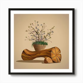 Flower Pot On A Log Art Print