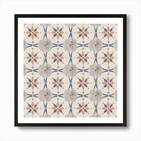 Moroccan Tile, Oriental Art, North African Ethnic Decor in Blue and Orange 6 Art Print