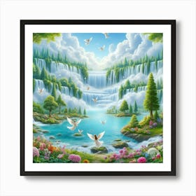 Doves Flying Over Waterfall Art Print