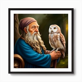 Old Wizard with Owl pet Art Print