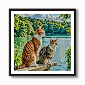 Two Cats On A Wooden Bench Affiche