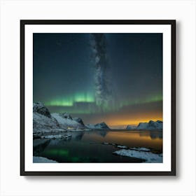 Northen lights and the milkstreet over Lofoten Art Print