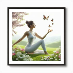 Woman In Yoga Pose With Butterflies Art Print