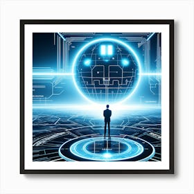 Futuristic Man Standing In Front Of Futuristic Sphere Art Print