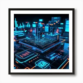 Cutting Edge Industrial Management And Automation System Interface Neon Glowing Lines On A Dark Bac (2) Art Print