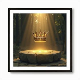 Golden Crown Floating Above An Ancient Stone Altar 1 Art Print