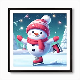 Cute Snowman Ice Skating Illustration Art Print