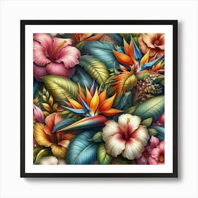 Pattern of tropical leaves and flowers 1 Art Print