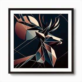 "Geometric Majesty: The Stag" - This artwork is a modern geometric interpretation of nature's nobility, showcasing a stag in a complex interplay of shapes and shadows. Its sharp lines and rich, contrasting colors of copper, blue, and cream create a dynamic visual experience. This piece conveys strength and elegance, making it an ideal choice for sophisticated interiors. The abstract design appeals to those with a taste for minimalism and the abstract, and it serves as a striking conversational piece. It's a celebration of wildlife through the lens of contemporary art, perfect for adding a touch of modernity and grace to any room. Art Print