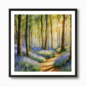 Bluebells Path Through The Woods - Watercolor Sunlit Forest Walk HD Gallery Wall Fine Art - Purple Blue May Day Beautiful Tranquil Peaceful Landscale Scenery Square Art Print