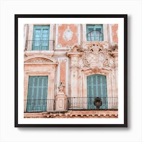 The Pink Building And The Blue Shutters Spain Travel Square Art Print