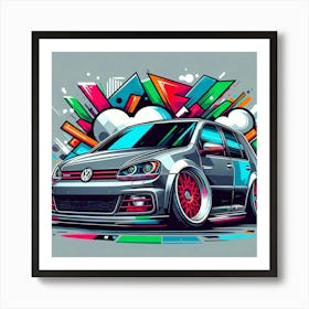 Grey Volkswagen Golf GTI Vehicle Colorful Comic Graffiti Style Art Print