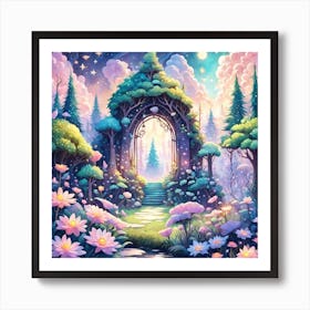 A Fantasy Forest With Twinkling Stars In Pastel Tone Square Composition 291 Art Print