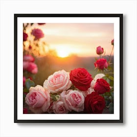 Bouquet Of Mixed Red And Pink Roses Peonies Delicately Woven Into Vines Soft Focus With Scattered (3) Art Print