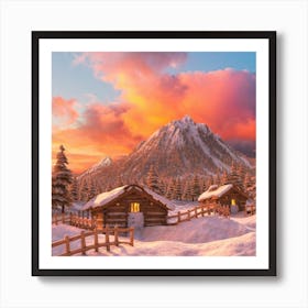 Mountain village snow wooden huts 3 Art Print