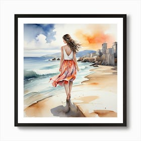 Watercolor Of A Girl Walking On The Beach Art Print