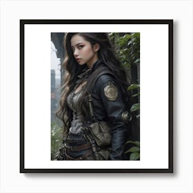 (1)The image depicts a young woman with long, dark hair, wearing a black leather jacket and holding a rifle. She is standing in front of a brick wall with ivy growing on it, and there are trees and bushes in the background. Art Print