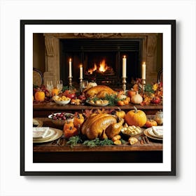 A Beautifully Prepared Thanksgiving Banquet Seated Under The Warm Glow Of Recessed Lighting In A Rus (2) Art Print