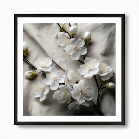 Firefly Plum Blossoms Scattered Across A Soft Linen Textured Canvas, With Simple Branches In Matte B (2) Art Print