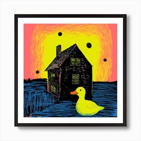 Duckling Outside A House Linocut Style 1 Art Print