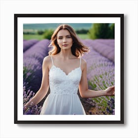 Beautiful Woman In White Dress In A Lavander Field2 0 Art Print